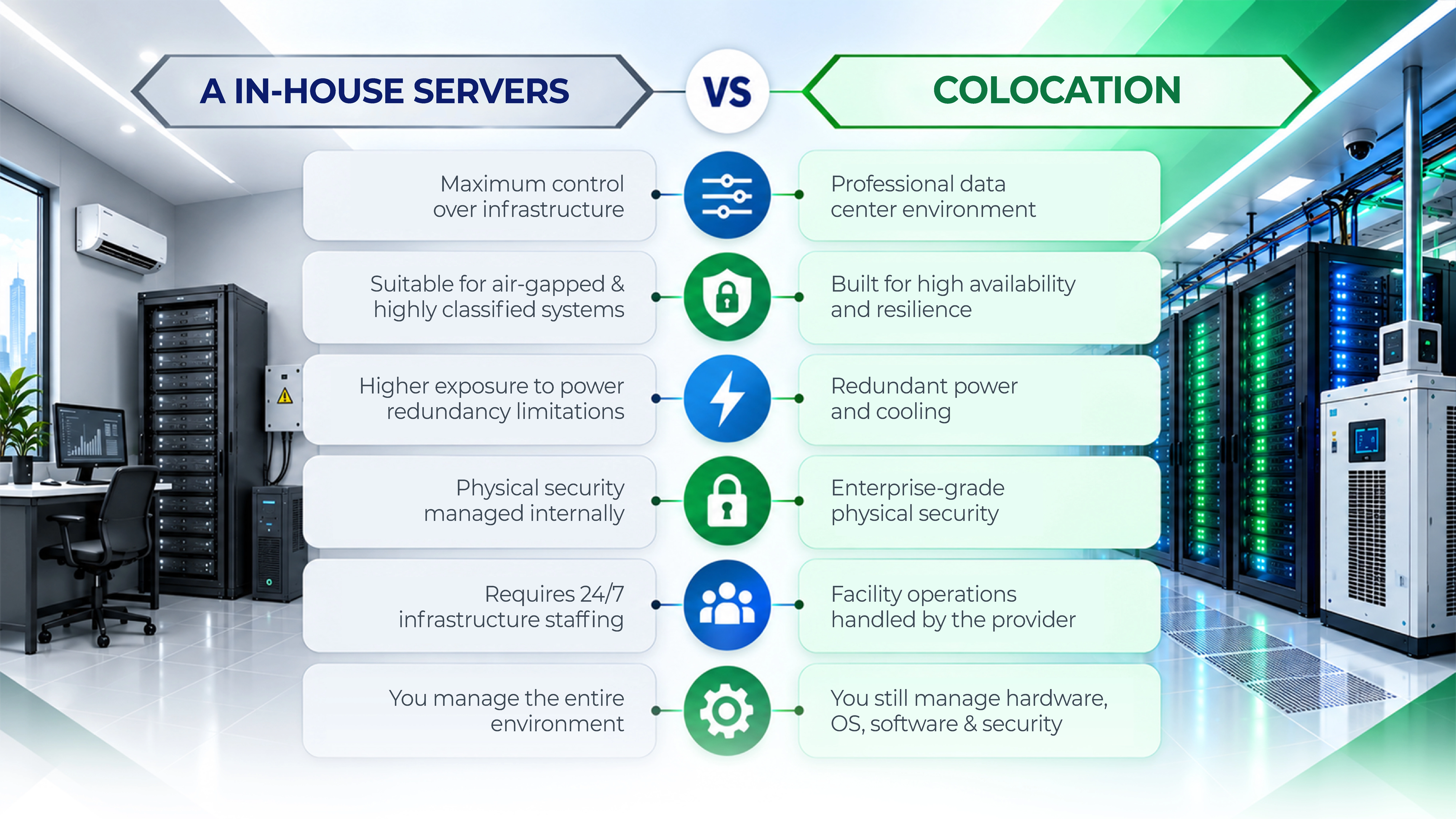In-house servers versus server colocation comparison
