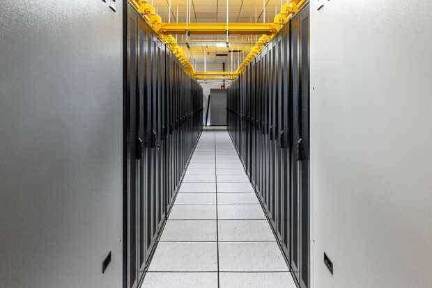Locked server rack aisle at the Silvernox data center