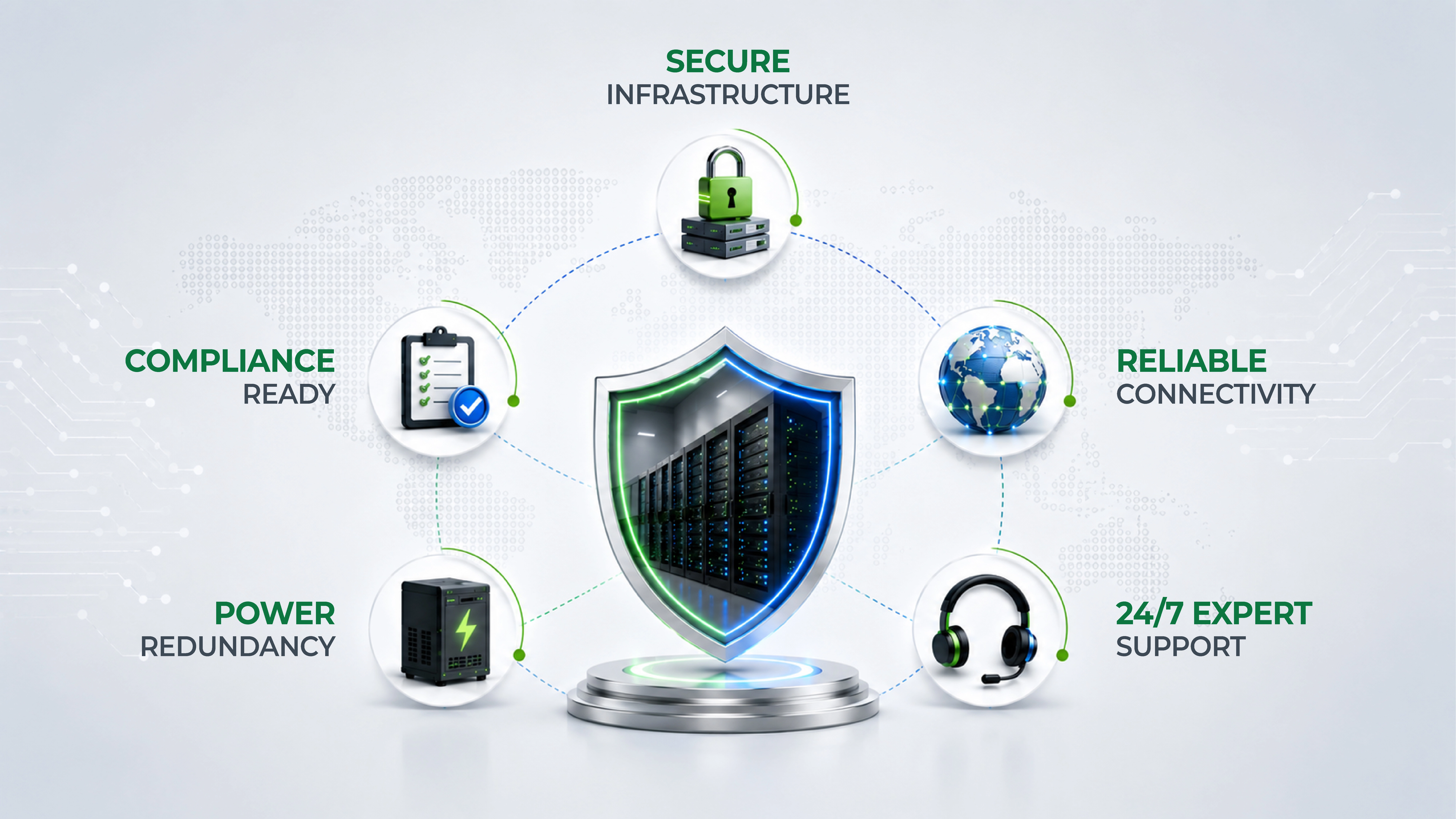 Secure infrastructure, compliance, reliable connectivity, power redundancy and 24/7 expert support
